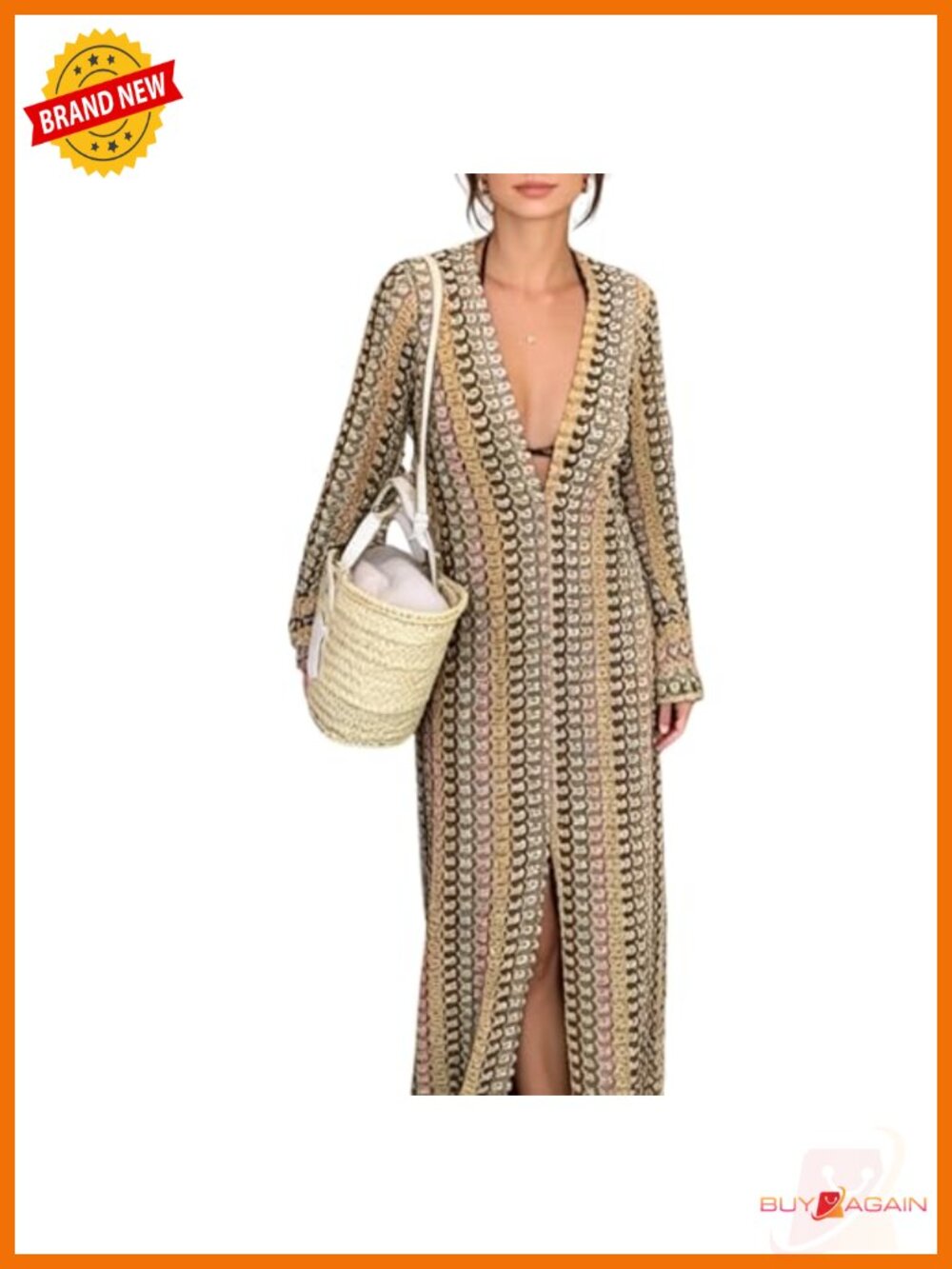 Womens Crochet Loose Maxi Dress Long Bell Sleeve V Neck Boho with Slit